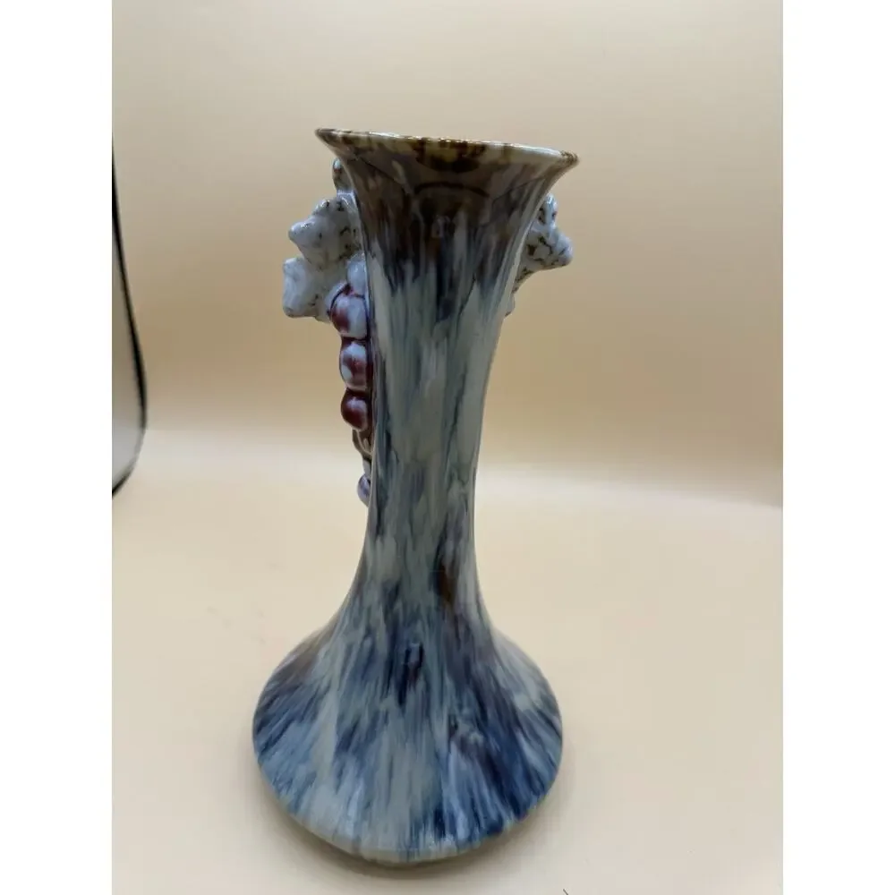 Vintage Majolica Style Grape Cluster Vase Blue Drip Glaze Art Pottery 9.5”